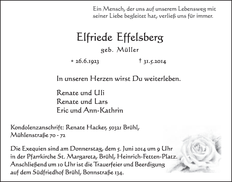  Traueranzeige für Elfriede Effelsberg vom 04.06.2014 aus  Schlossbote/Werbekurier 