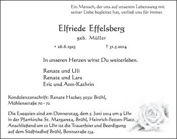 Anzeige von Elfriede Effelsberg von  Schlossbote/Werbekurier 