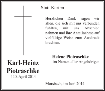 Anzeige von Karl-Heinz Piotraschke von  Lokalanzeiger 