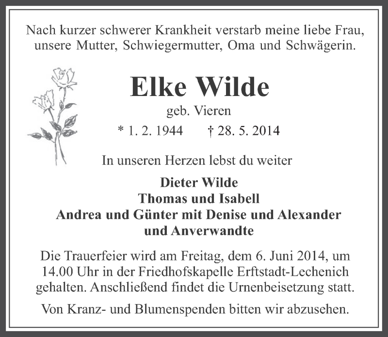  Traueranzeige für Elke Wilde vom 04.06.2014 aus  Werbepost 