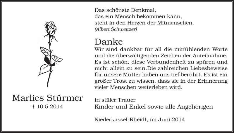  Traueranzeige für Marlies Stürmer vom 04.06.2014 aus  Extra Blatt 