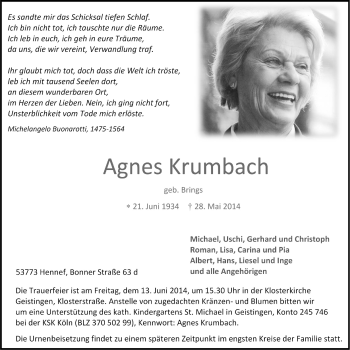 Anzeige von Agnes Krumbach von  Kölner Wochenspiegel 