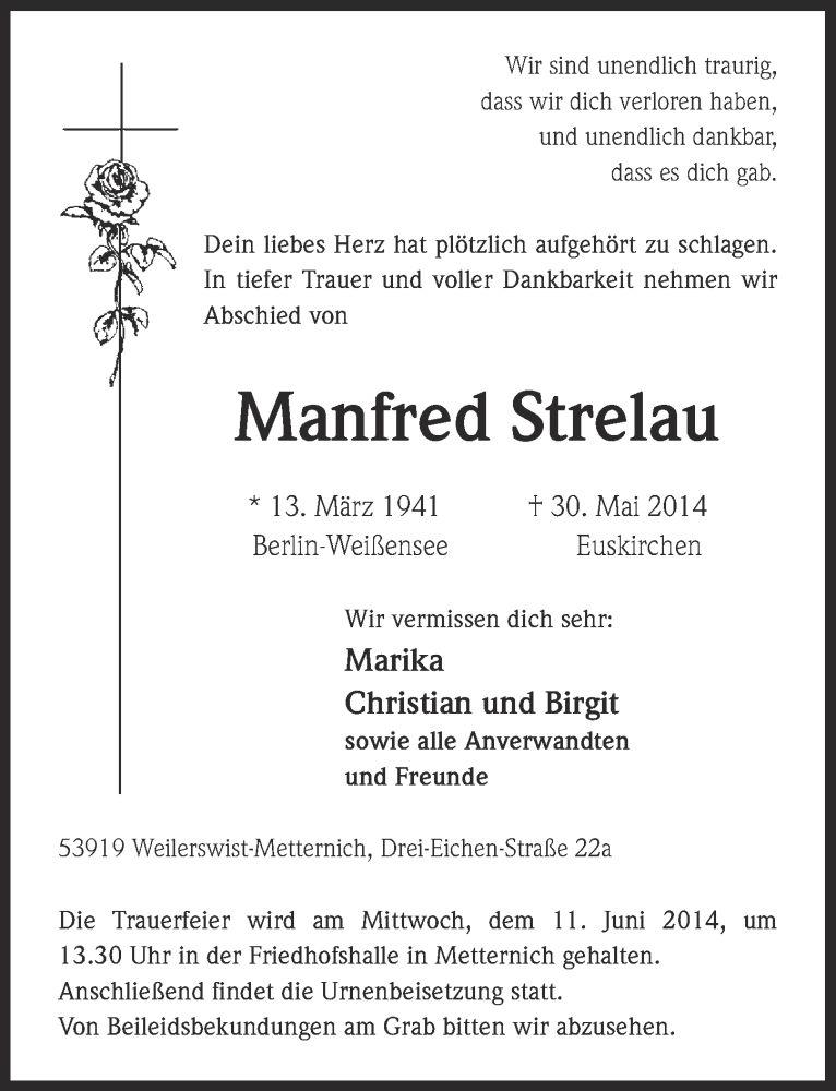  Traueranzeige für Manfred Strelau vom 04.06.2014 aus  Schlossbote/Werbekurier 