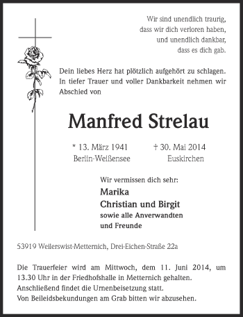 Anzeige von Manfred Strelau von  Schlossbote/Werbekurier 