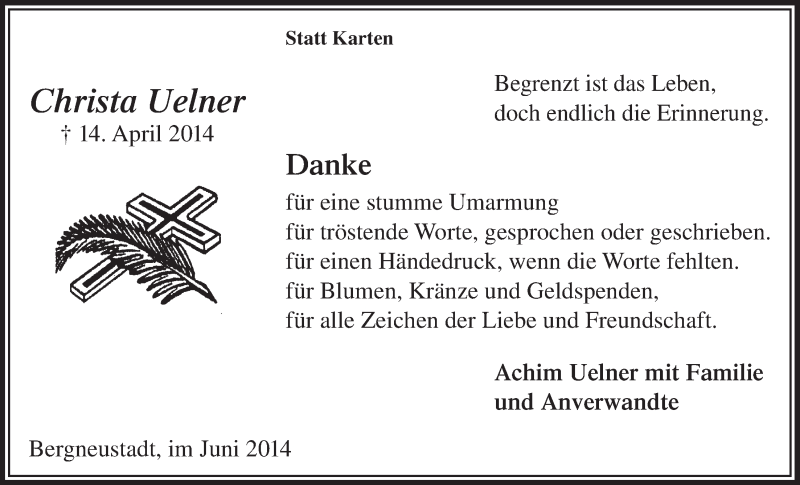  Traueranzeige für Christa Uelner vom 04.06.2014 aus  Anzeigen Echo 