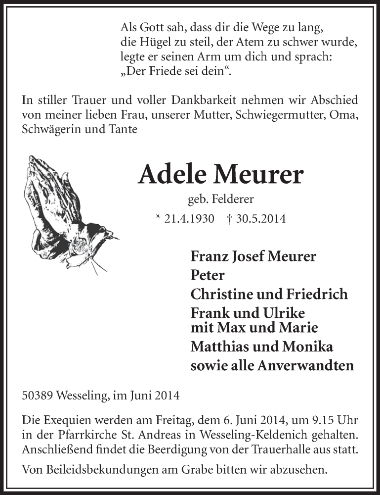  Traueranzeige für Adele Meurer vom 04.06.2014 aus  Schlossbote/Werbekurier 