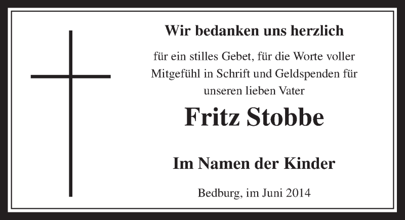  Traueranzeige für Fritz Stobbe vom 04.06.2014 aus  Werbepost 