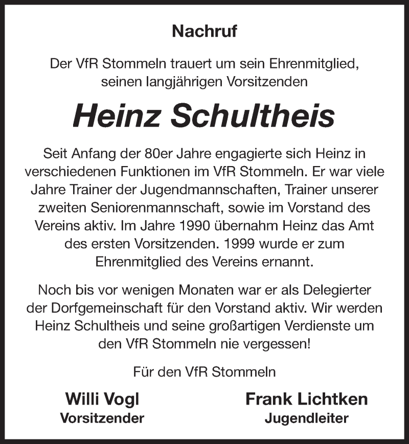  Traueranzeige für Heinz Schultheis vom 07.06.2014 aus  Sonntags-Post 