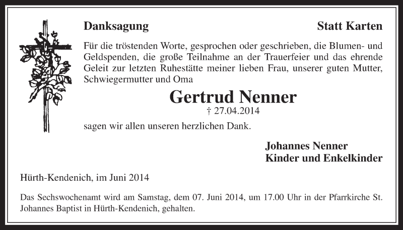  Traueranzeige für Gertrud Nenner vom 04.06.2014 aus  Wochenende  Schlossbote/Werbekurier 