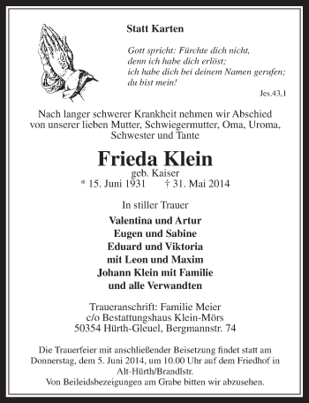 Anzeige von Frieda Klein von  Wochenende 