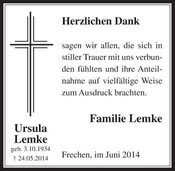 Anzeige von Ursula Lemke von  Wochenende 