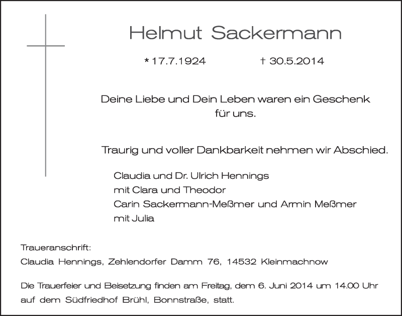  Traueranzeige für Helmut Sackermann vom 04.06.2014 aus  Schlossbote/Werbekurier 