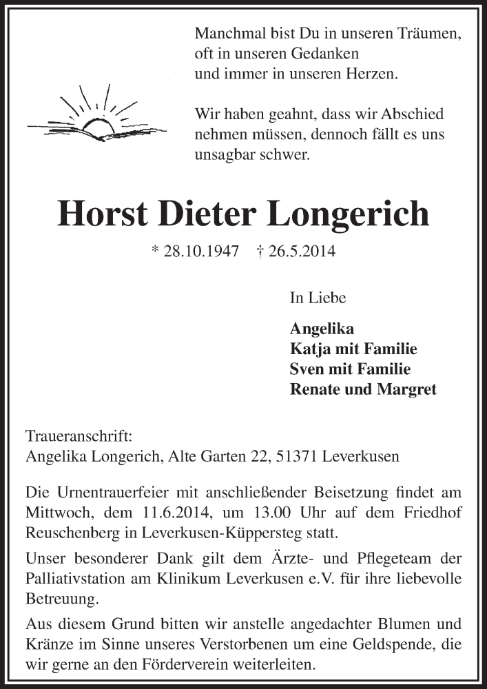  Traueranzeige für Horst Dieter Longerich vom 04.06.2014 aus  Lokale Informationen 