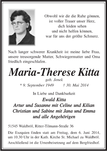 Anzeige von Maria-Therese Kitta von  Lokalanzeiger 