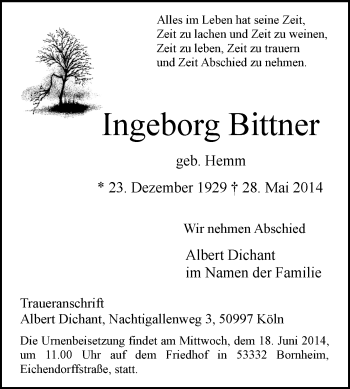 Anzeige von Ingeborg Bittner von  Kölner Wochenspiegel 