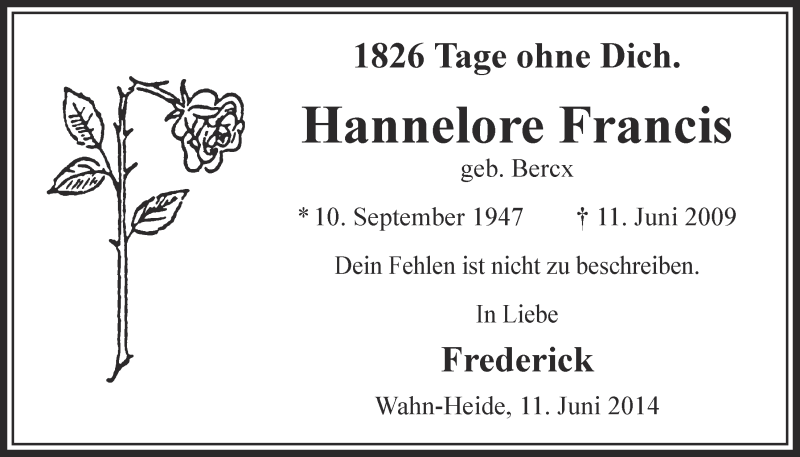  Traueranzeige für Hannelore Francis vom 11.06.2014 aus  Kölner Wochenspiegel  Extra Blatt 