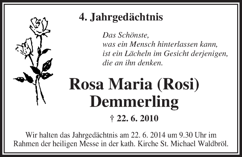  Traueranzeige für Rosa Maria Demmerling vom 18.06.2014 aus  Lokalanzeiger 