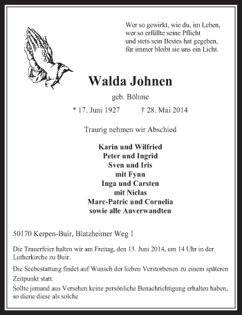 Anzeige von Walda Johnen von  Werbepost 