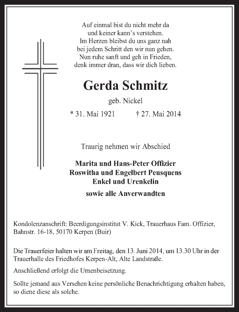  Traueranzeige für Gerda Schmitz vom 11.06.2014 aus  Werbepost 