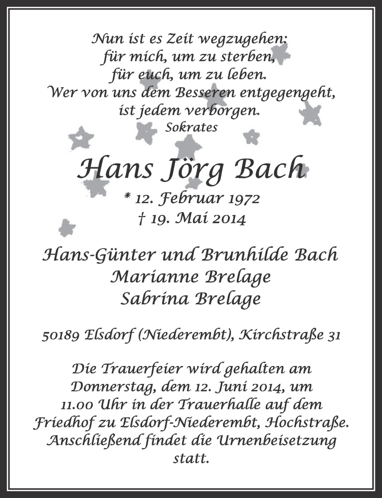  Traueranzeige für Hans Jörg Bach vom 07.06.2014 aus  Sonntags-Post 