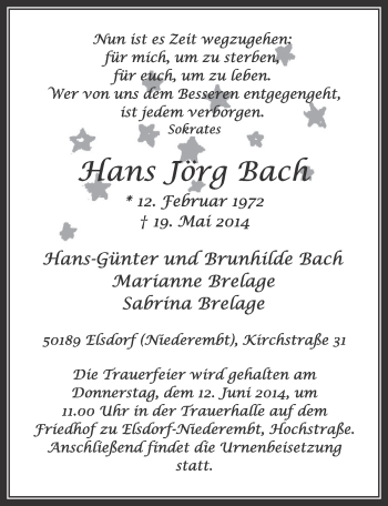 Anzeige von Hans Jörg Bach von  Sonntags-Post 