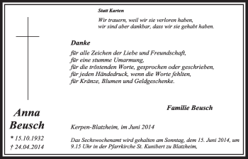 Anzeige von Anna Beusch von  Sonntags-Post 