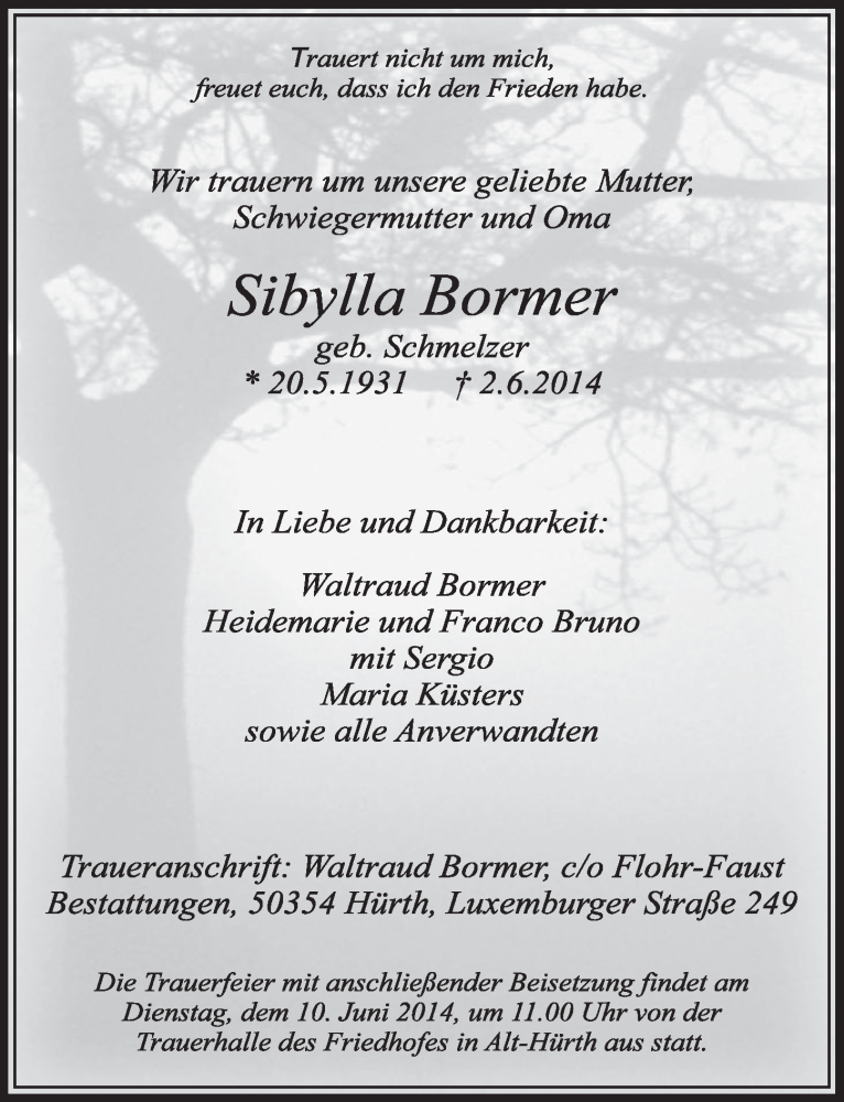 Traueranzeige für Sibylla Bormer vom 07.06.2014 aus  Sonntags-Post 