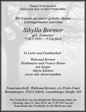Anzeige von Sibylla Bormer von  Sonntags-Post 