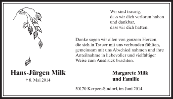 Anzeige von Hans-Jürgen Milk von  Sonntags-Post 