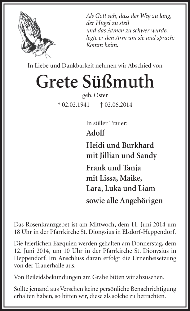  Traueranzeige für Grete Süßmuth vom 07.06.2014 aus  Sonntags-Post 