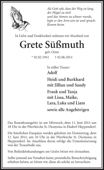 Anzeige von Grete Süßmuth von  Sonntags-Post 