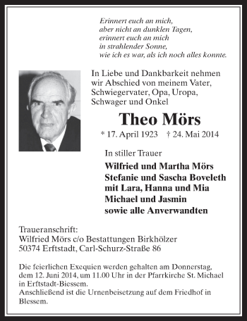Anzeige von Theo Mörs von  Sonntags-Post 