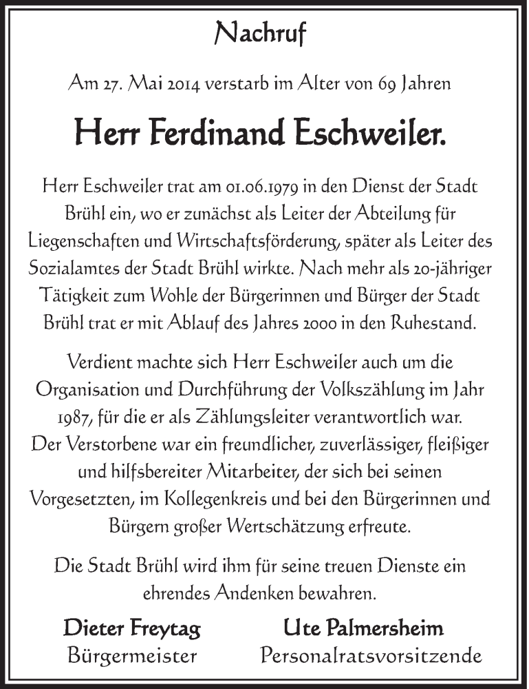  Traueranzeige für Ferdinand Eschweiler vom 11.06.2014 aus  Schlossbote/Werbekurier 