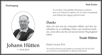 Anzeige von Johann Hütten von  Sonntags-Post 