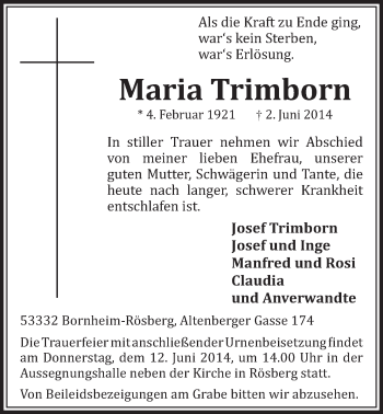 Anzeige von Maria Trimborn von  Schlossbote/Werbekurier 