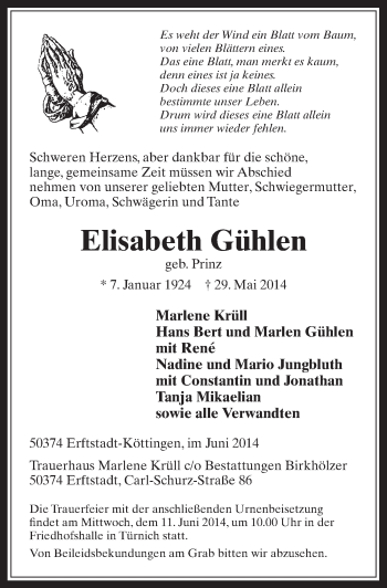 Anzeige von Elisabeth Gühlen von  Sonntags-Post 