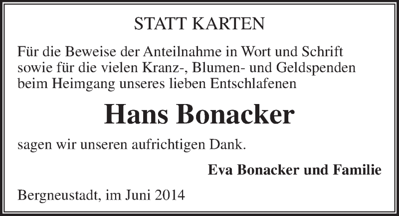  Traueranzeige für Hans Bonacker vom 11.06.2014 aus  Anzeigen Echo 