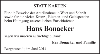 Anzeige von Hans Bonacker von  Anzeigen Echo 