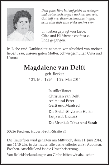 Anzeige von Magdalene van Delft von  Sonntags-Post 