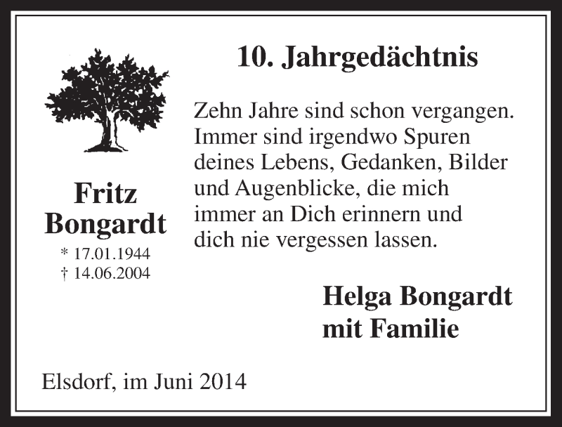  Traueranzeige für Fritz Bongardt vom 11.06.2014 aus  Werbepost 