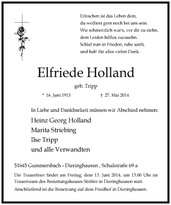 Anzeige von Elfriede Holland von  Anzeigen Echo 