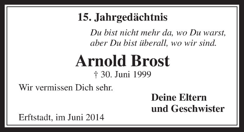  Traueranzeige für Arnold Brost vom 11.06.2014 aus  Werbepost 