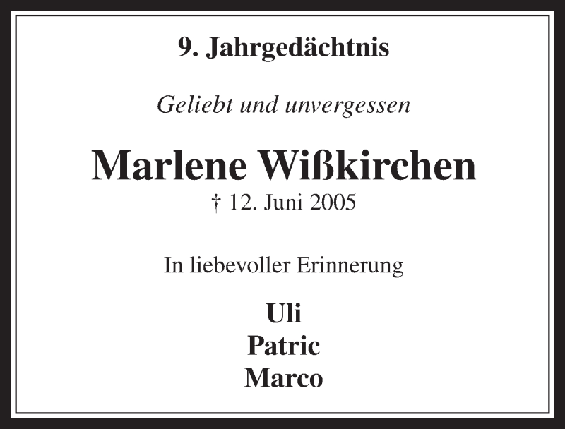  Traueranzeige für Marlene Wißkirchen vom 11.06.2014 aus  Werbepost 