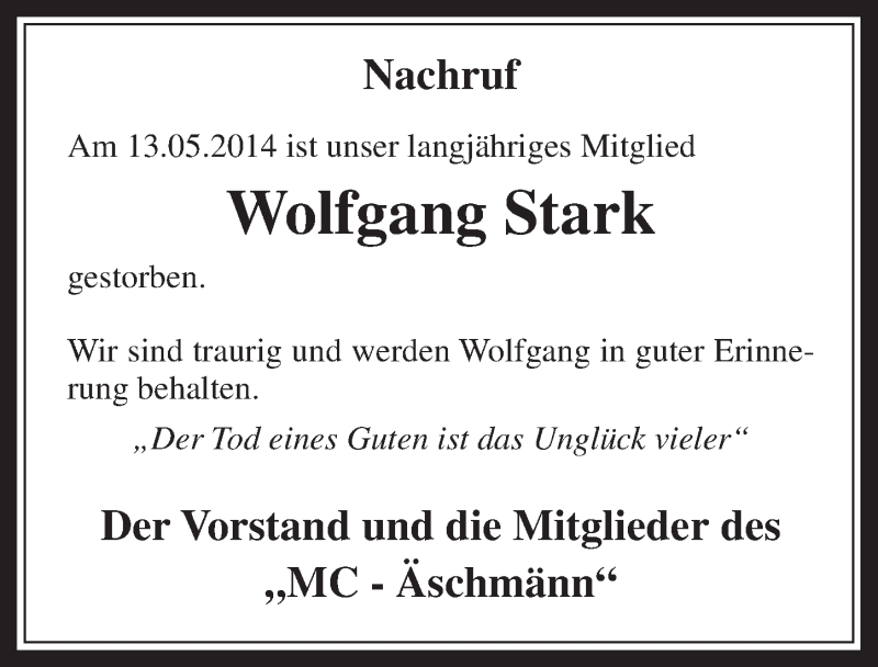  Traueranzeige für Wolfgang Stark vom 11.06.2014 aus  Werbepost 