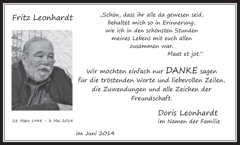  Traueranzeige für Fritz Leonhardt vom 11.06.2014 aus  Kölner Wochenspiegel 