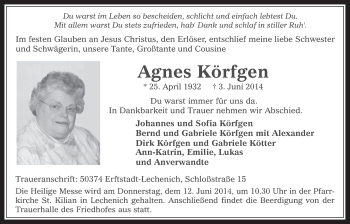 Anzeige von Agnes Körfgen von  Sonntags-Post 