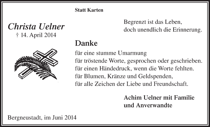  Traueranzeige für Christa Uelner vom 11.06.2014 aus  Anzeigen Echo 
