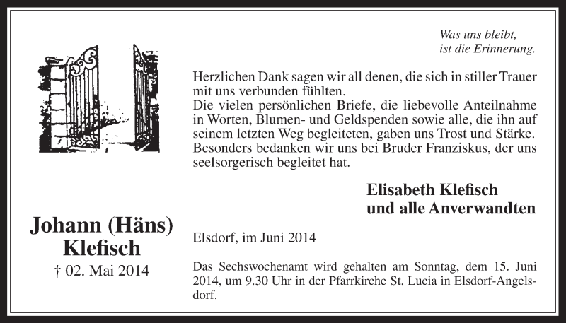  Traueranzeige für Johann Klefisch vom 11.06.2014 aus  Werbepost 