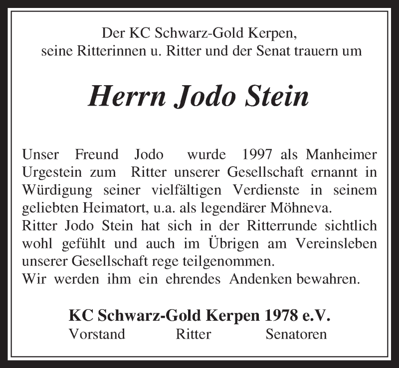  Traueranzeige für Jodo Stein vom 11.06.2014 aus  Werbepost 