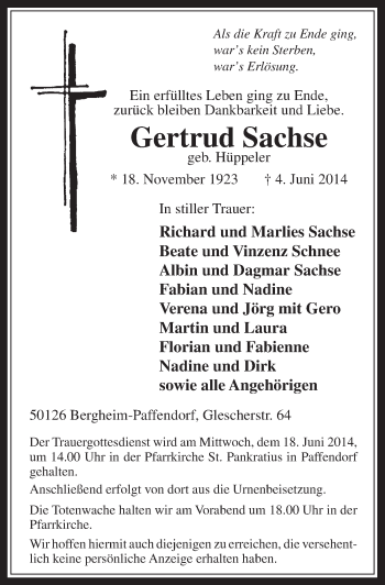 Anzeige von Gertrud Sachse von  Werbepost 